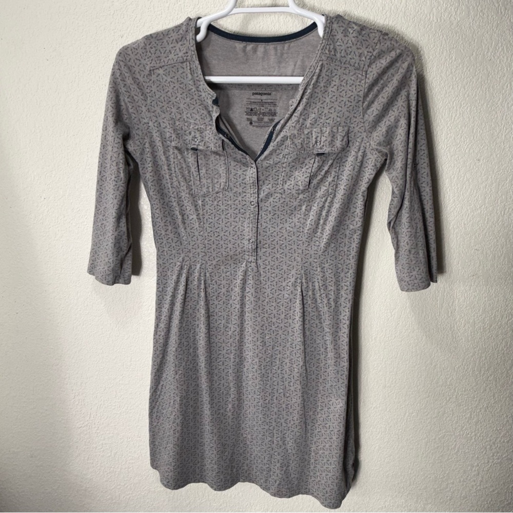 Patagonia Gray Kamala Henley Dress women Sz Med. Organic Cotton Roll Tab Sleeve